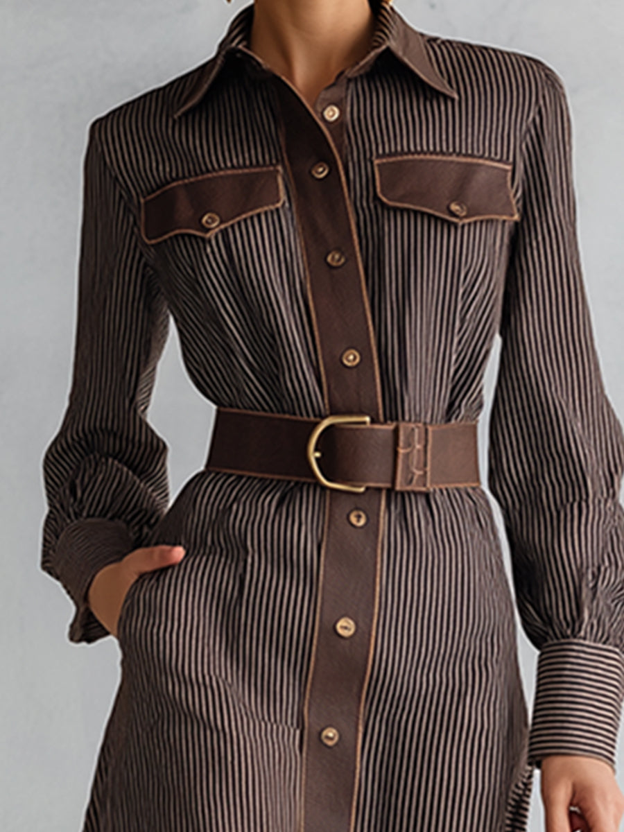 Vintage-style Collared Brown Striped Maxi Dress