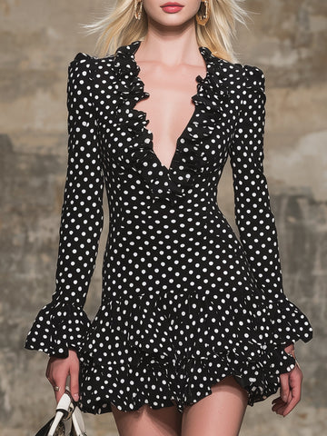 Classic Black And White Polka Dot V-neck  With Ruffle Details Mini Dress