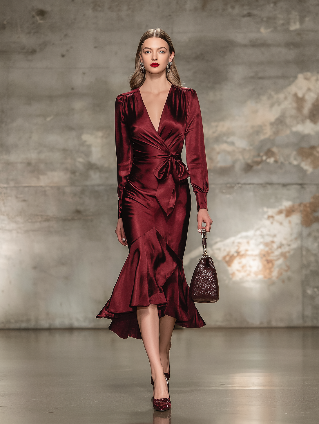 Elegant Angora Red V-neck Midi Dress With Bow Tie Detail