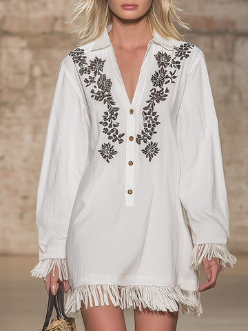 White Linen Shirt Dress With Embroidered Collar And Fringe Details.