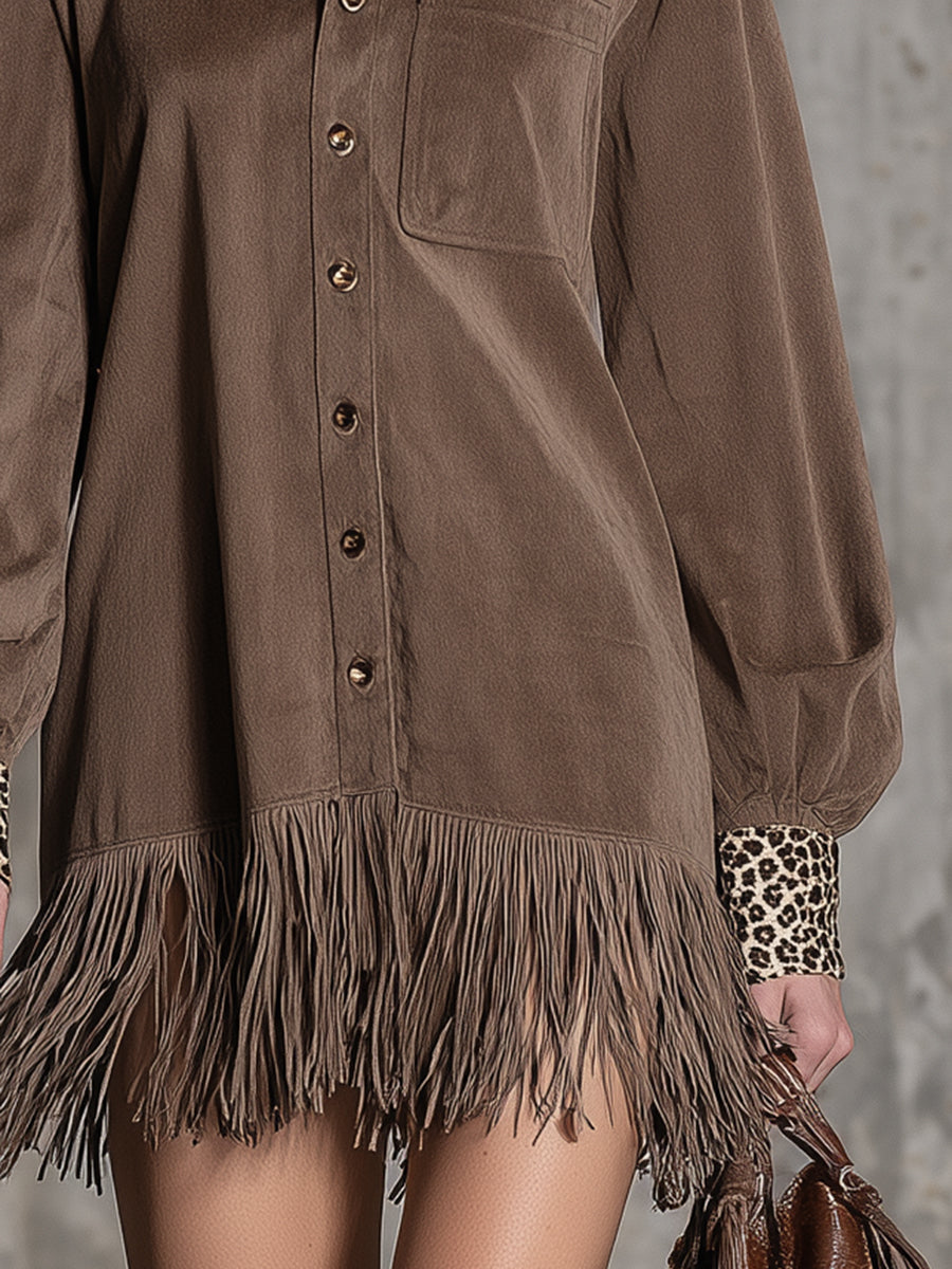 Western-style Faux Suede Brown And Leopard Print Patchwork With Tassels Mini Shirt Dress