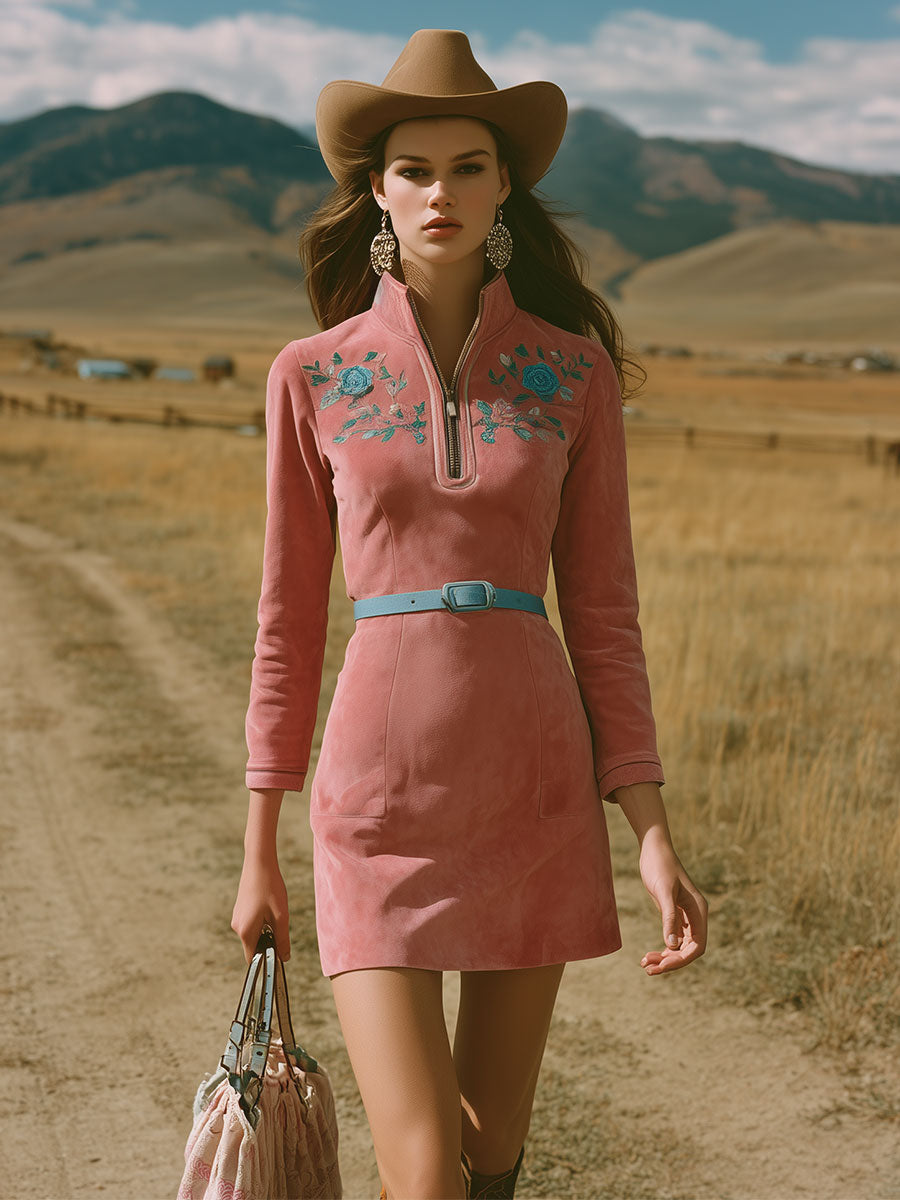Western-style Vintage Embroidered Pink Faux Suede Mini Dress