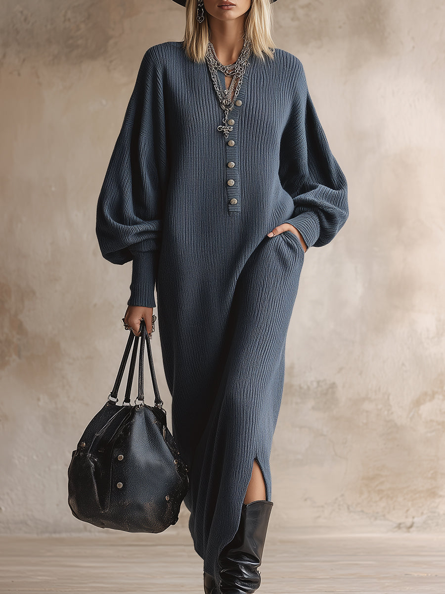 Casual Retro V-neck Button-down Dark Gray Loose Knit Slit Maxi Dress