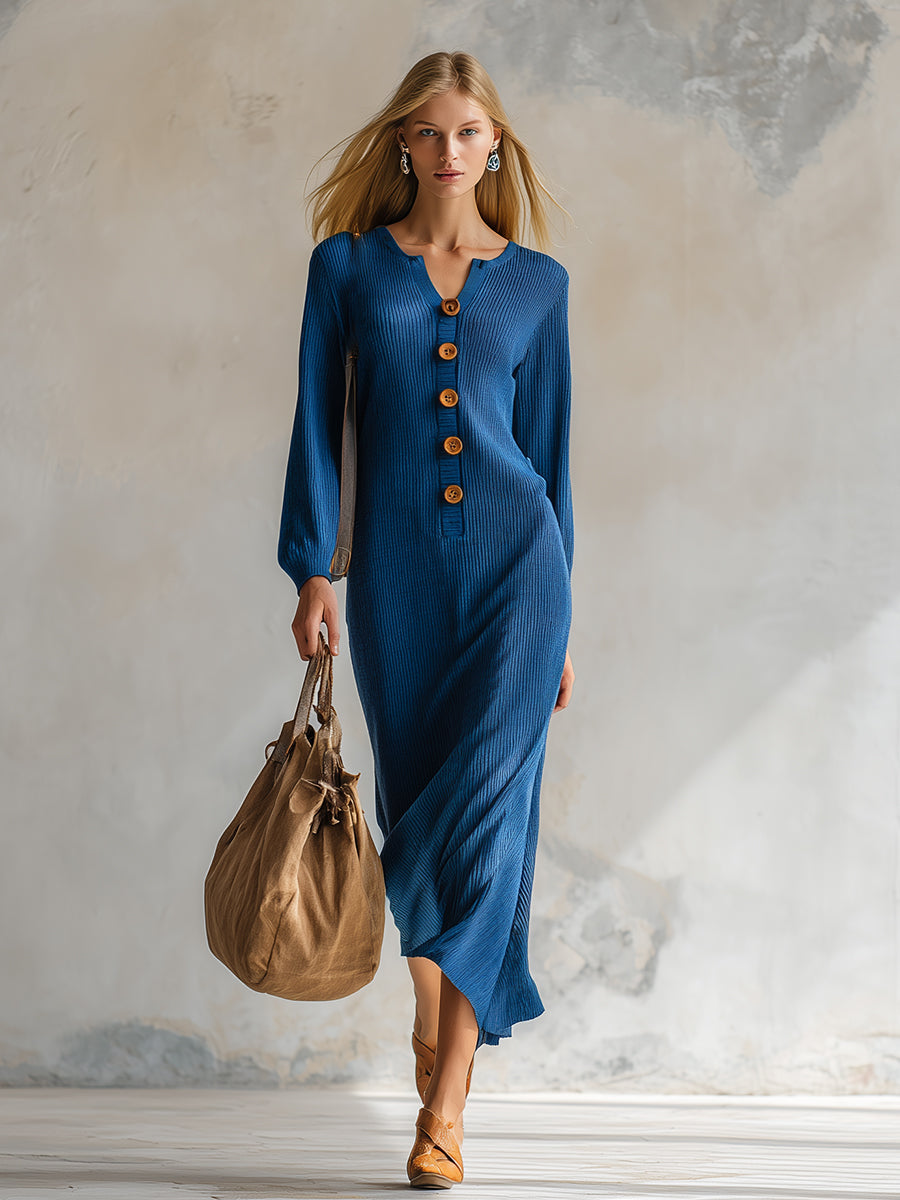 Elegant Urban Style Blue Thin Knit Maxi Dress