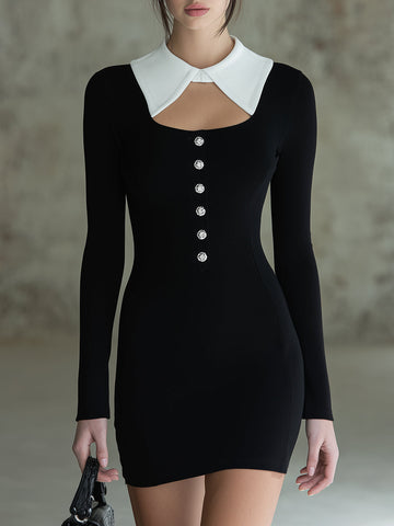 Elegant Black And White Color-block Knitted  With Rhinestone Buttons Mini Dress