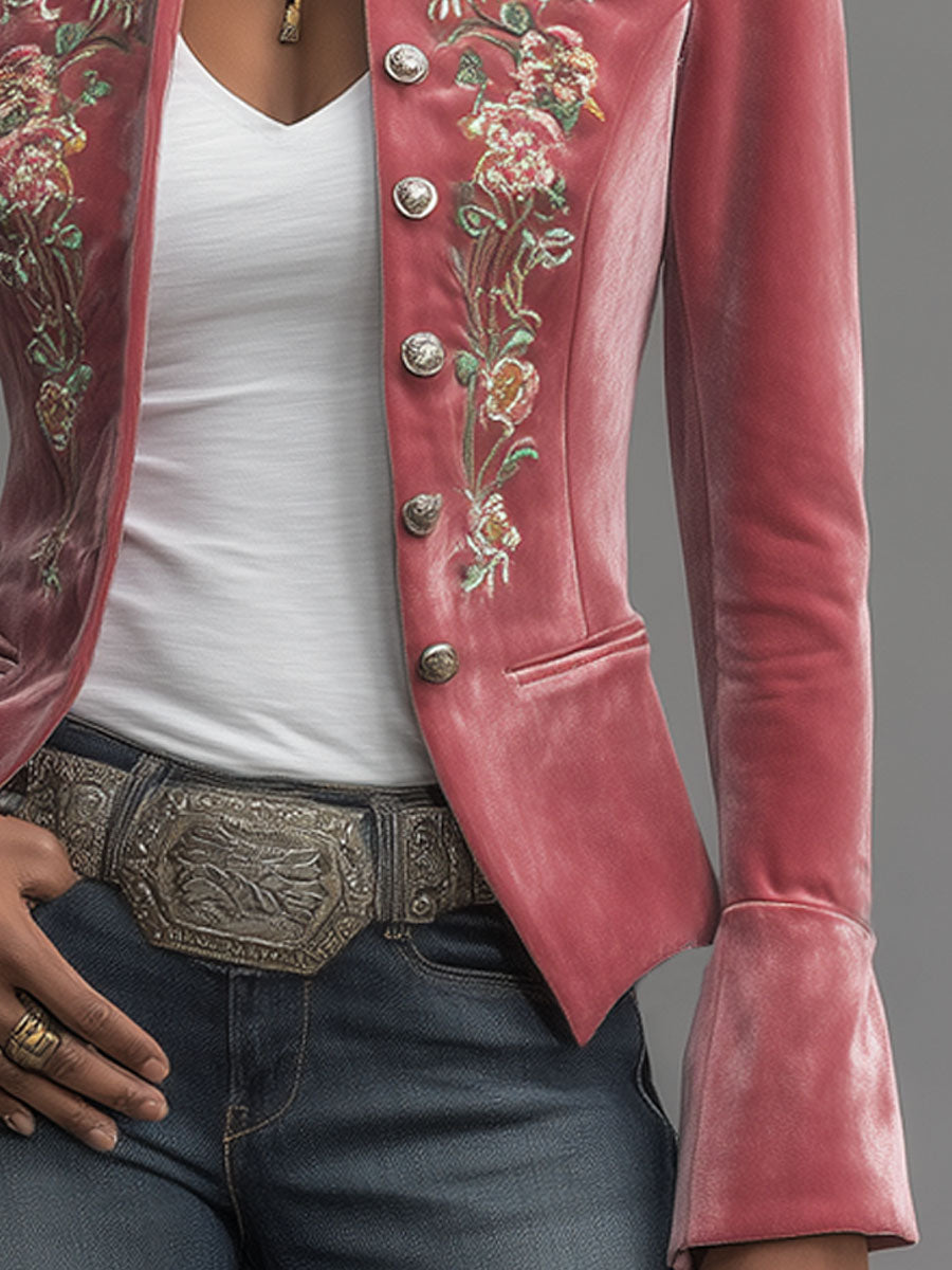 Western-style Stand-up Collar Single-breasted Floral Embroidered Velvet Jacket