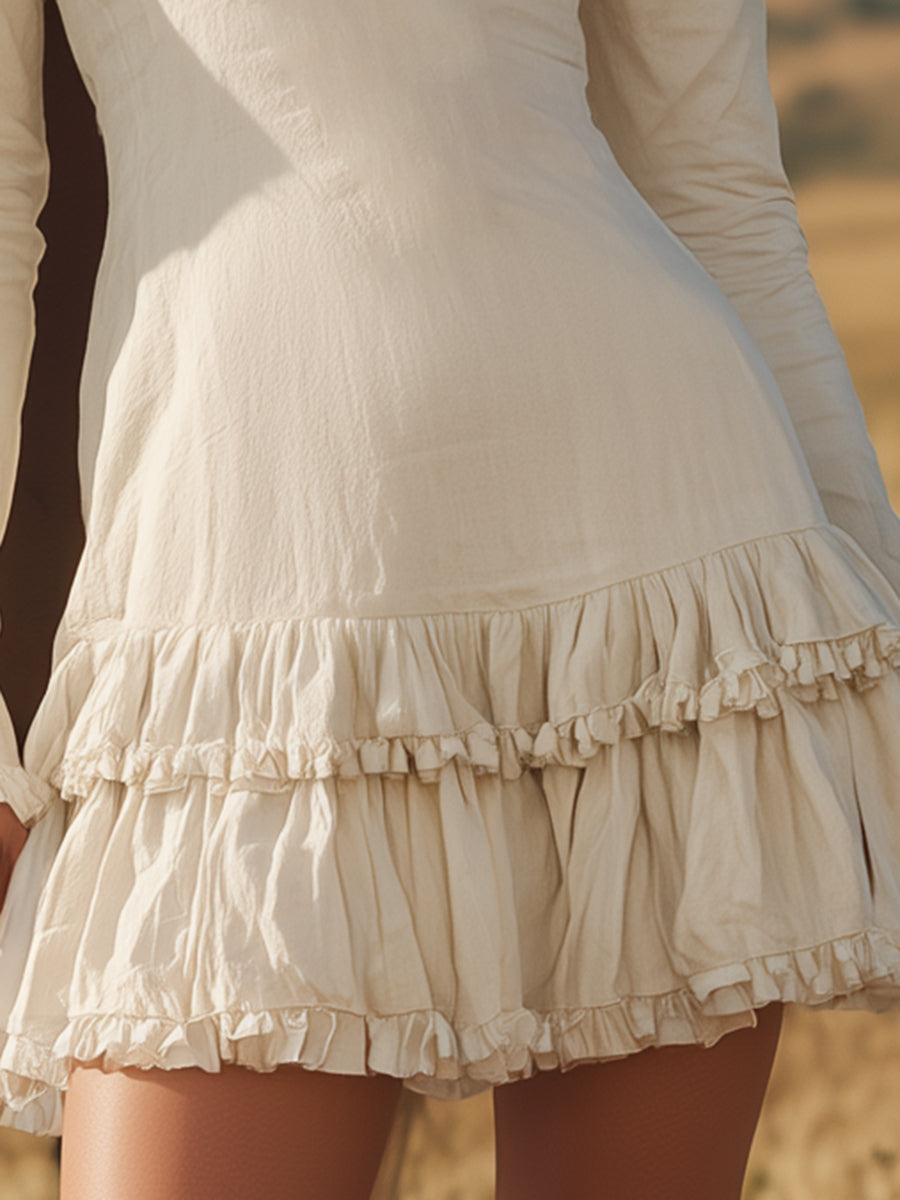 Western-style White Cotton And Linen Mini Dress With Ruffled Long Sleeves.