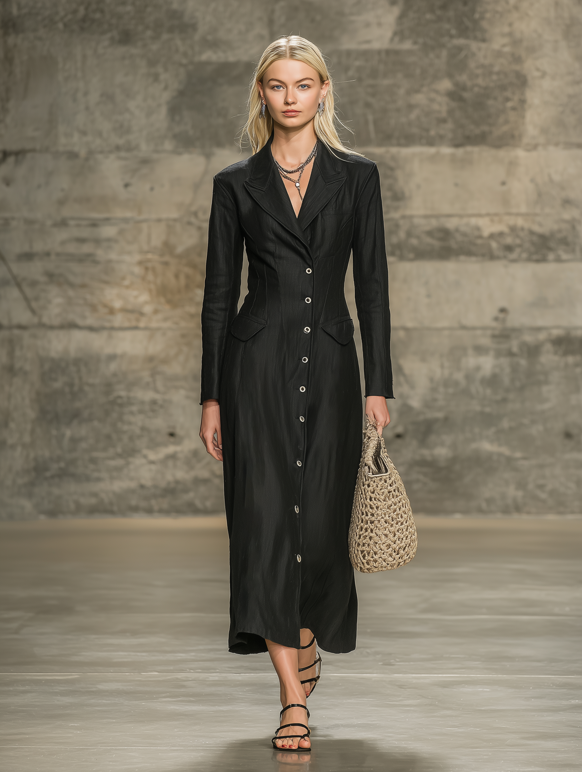 Elegant Black Cotton And Linen With A Lapel Collar And Button Closure  Maxi Dress