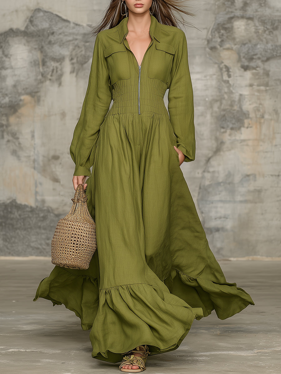 Western-style Olive Green Linen Maxi Dress With Zipper And Elastic Waistband