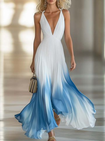 【24-hour shipping out】Elegant And Flowing V-Neck Pleated Chiffon Blue Gradient White Maxi Dress
