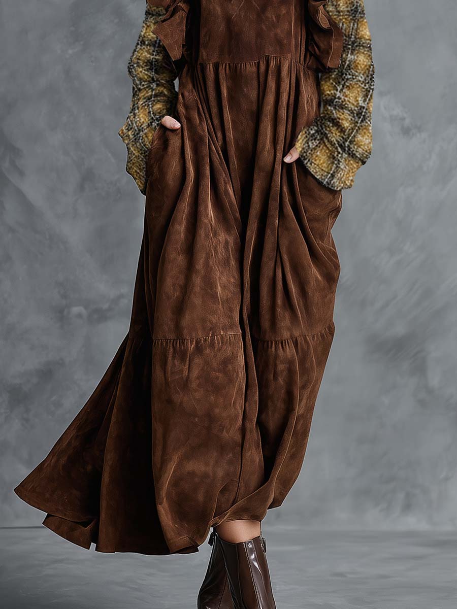 Elegant Vintage Bubble Hem Distressed Plaid Sleeves Brown Suede Midi Dress