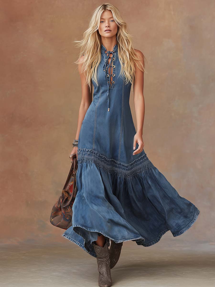 Elegant, Vintage Western Tie-neck Sleeveless Bubble Hem Blue Denim Maxi Dress