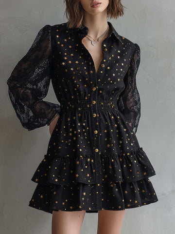 Elegant Vintage Ruffled Hem Lace Long Sleeves Gold Star Pattern Black Denim Mini Dress