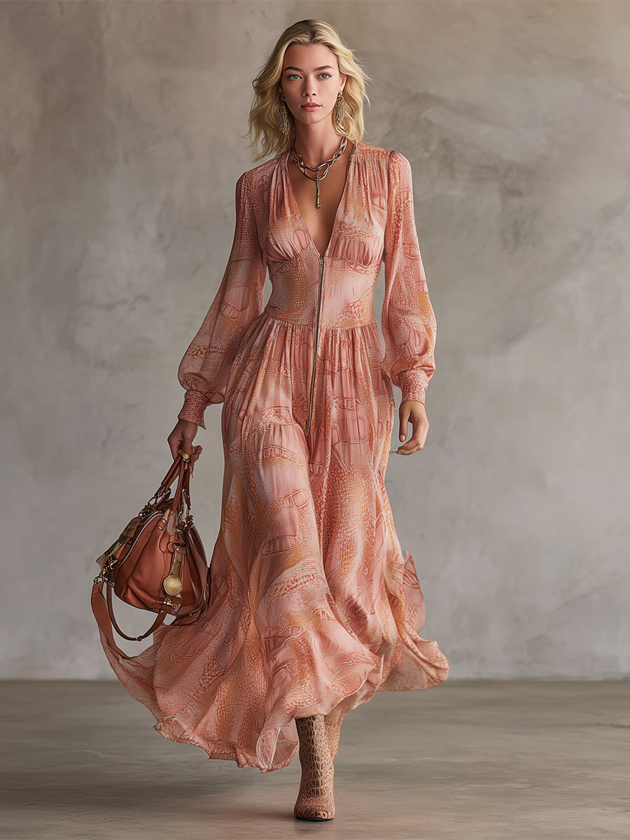 Elegant And Romantic Coral-colored Printed Chiffon Maxi Dress