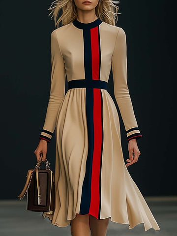 【24-hour shipping out】Elegant Colorblock Long Sleeve Midi Dress