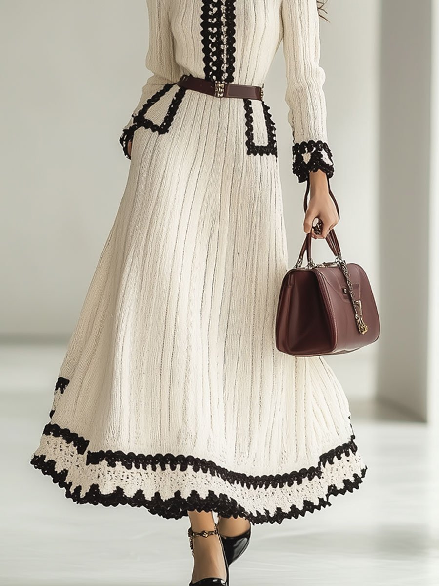 【24-hour shipping out】Fashion Retro Knitted Colorblock Long Sleeve Maxi Dress
