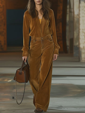 【24-hour shipping out】Casual Loose V-Neck Pocket Long Sleeve Corduroy Jumpsuit