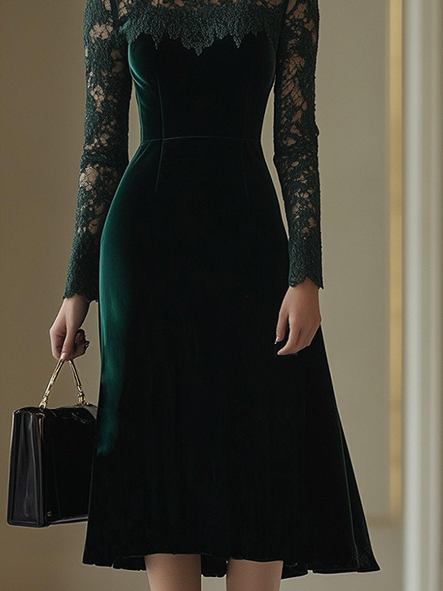 【24-hour shipping out】Elegant Retro Velvet Stitching Lace High Collar Long Sleeve Midi Dress