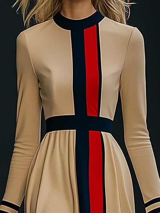 【24-hour shipping out】Elegant Colorblock Long Sleeve Midi Dress