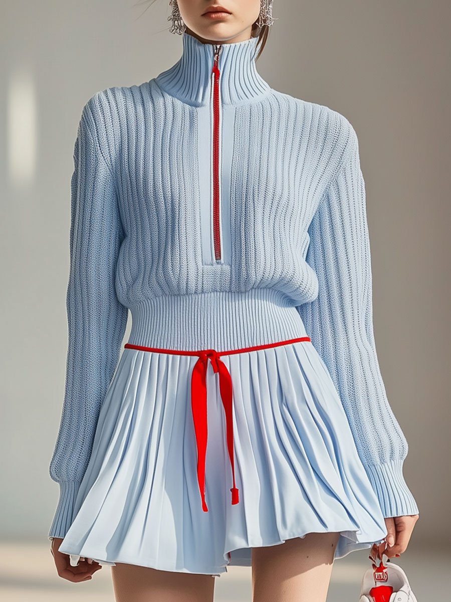 【24-hour shipping out】Casual Fashion Stand Collar Zipper Knitted Sweater Culotte Sports Set