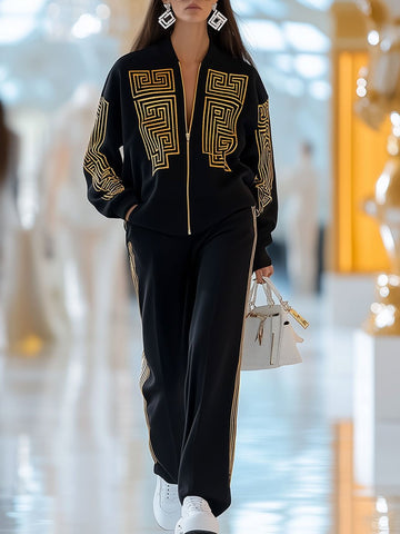 【24-hour shipping out】Casual Loose Retro Gold Greek Geometric Print Zipper Sports Set