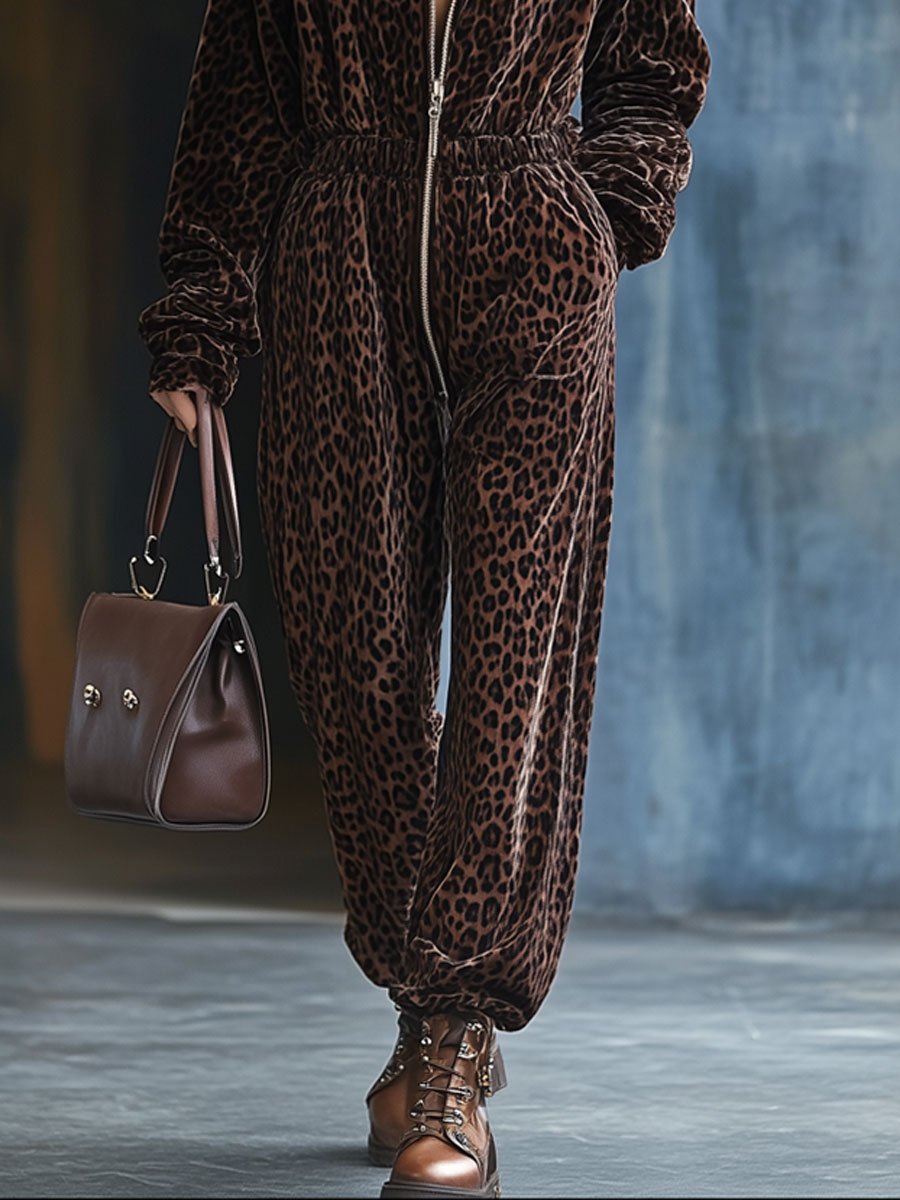 【24-hour shipping out】Casual Loose Vintage Velvet Leopard Print Elastic Waist Zipper Hooded Jumpsuit