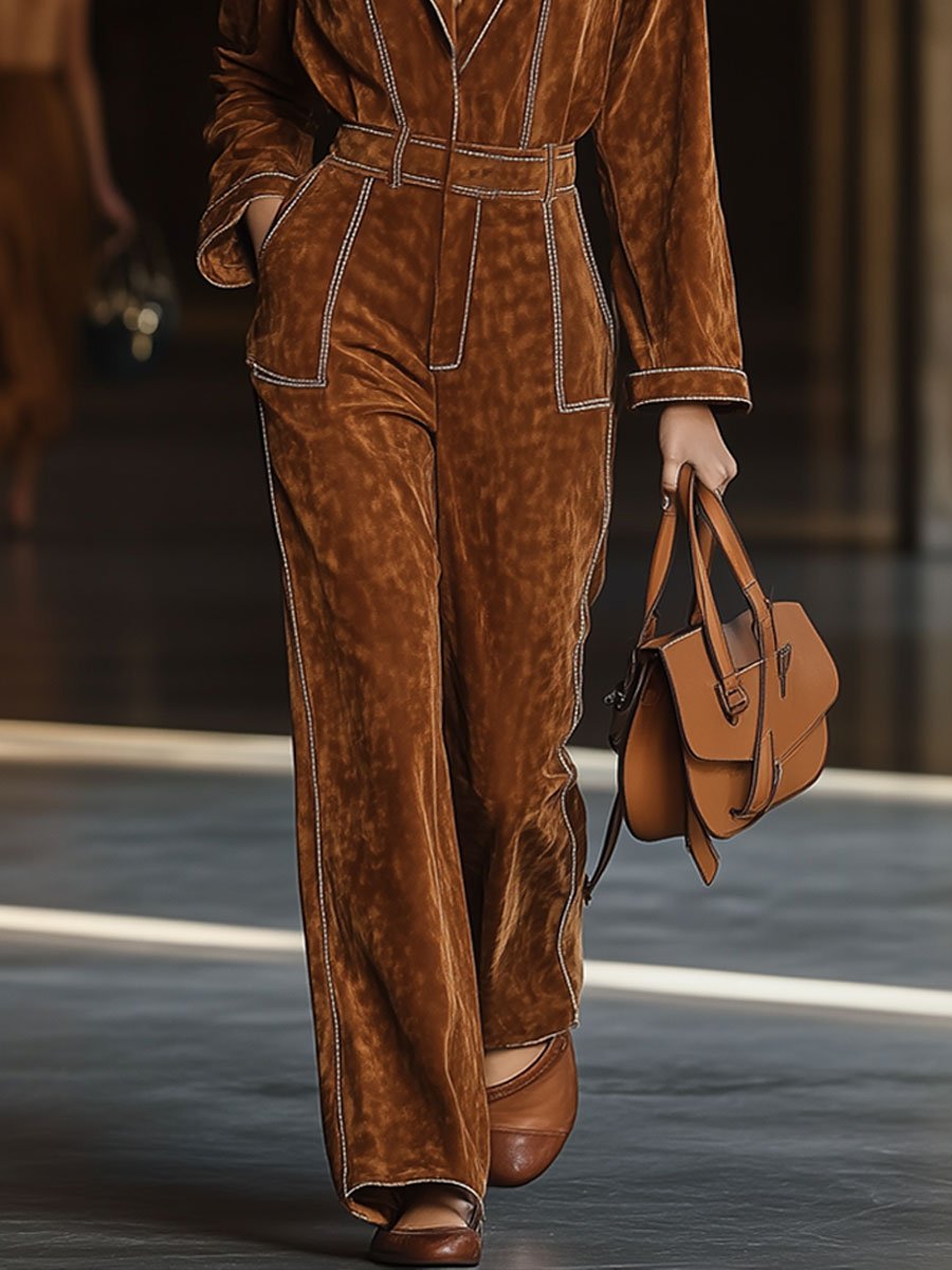 【24-hour shipping out】Casual Loose Vintage Exposed Pocket Long Sleeve Suede Jumpsuit