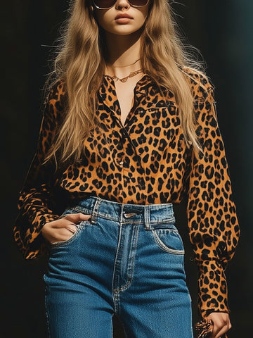【24-hour shipping out】Casual Loose Vintage Velvet Leopard Print Long Sleeve Blouse