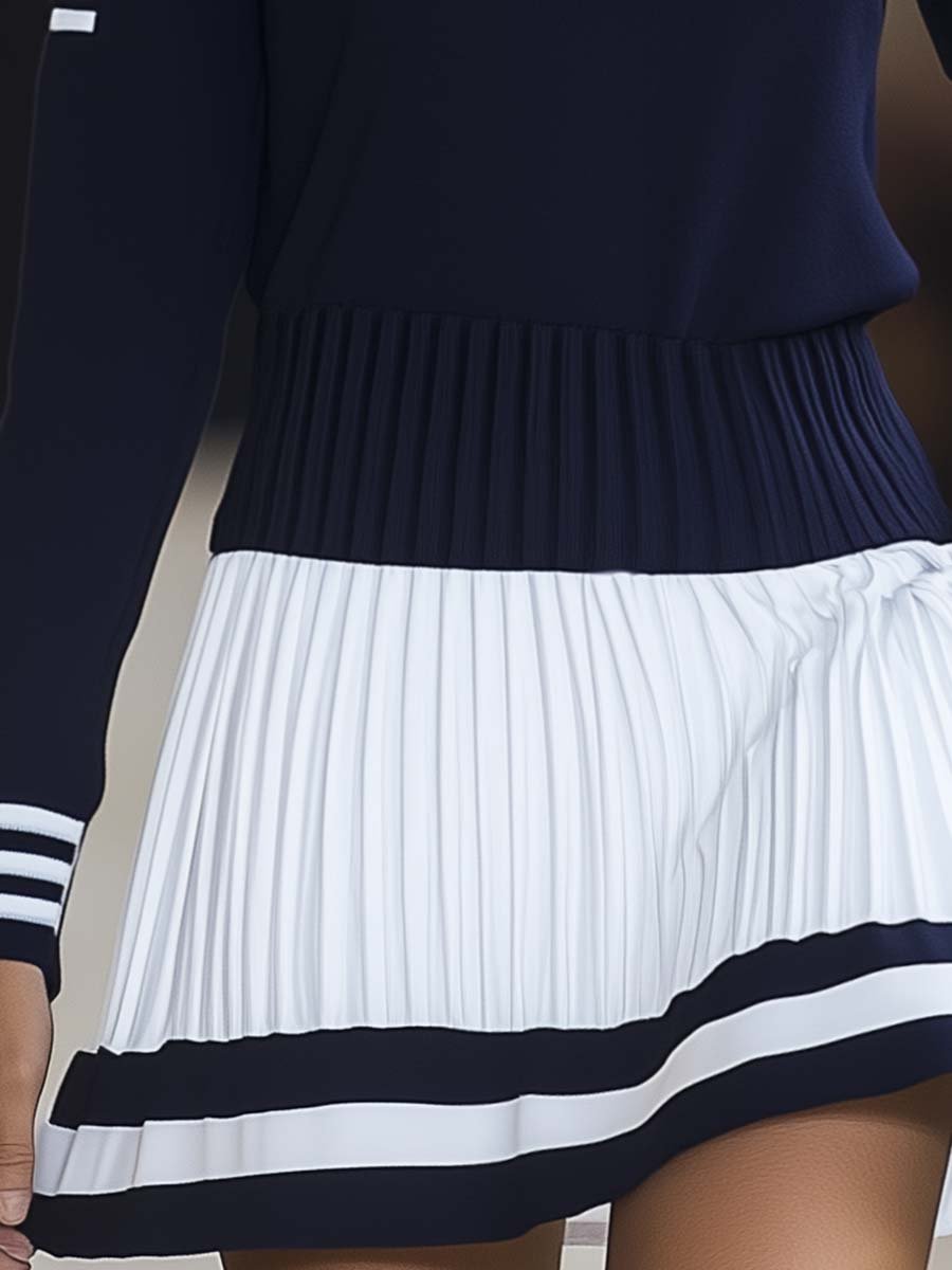 【24-hour shipping out】Fashionable Sports Style Round Neck Navy Blue and White Contrast Mini Dress
