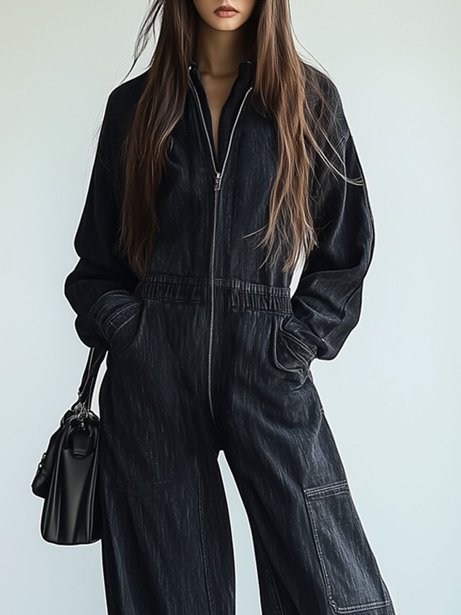 【24-hour shipping out】Casual Loose Retro Denim Zipper Elastic Waist Lapel Long Sleeve Jumpsuit