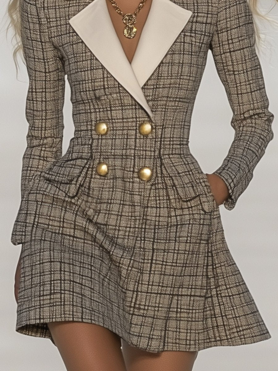 【24-hour shipping out】Classic and Fashionable Contrast Lapel Plaid Mini Dress