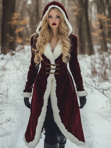 【24-hour shipping out】 Loose Vintage Velvet Wool Patchwork Pocket Mid-Length Hooded Coat