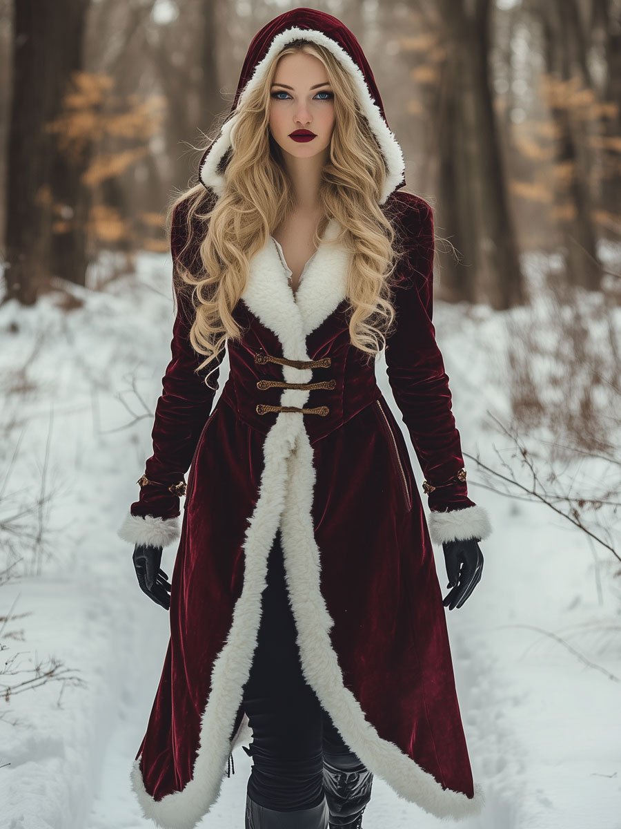 【24-hour shipping out】 Loose Vintage Velvet Wool Patchwork Pocket Mid-Length Hooded Coat