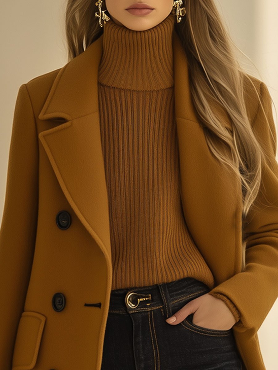 【24-hour shipping out】Casual Loose Retro Camel Wool Double-Breasted Mid-Length Coat