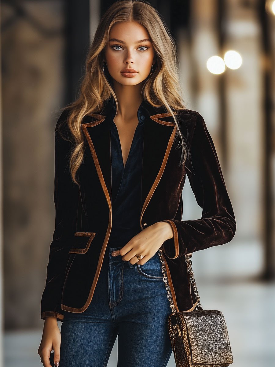 Casual Loose Vintage Velvet Colorblock Striped Pocket Blazer