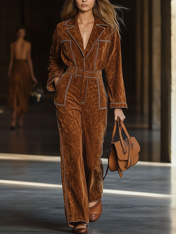 【24-hour shipping out】Casual Loose Vintage Exposed Pocket Long Sleeve Suede Jumpsuit