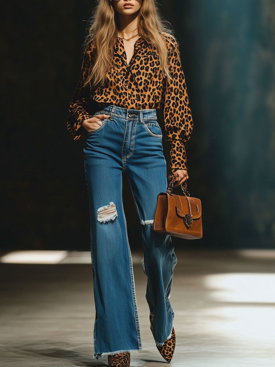 【24-hour shipping out】Casual Loose Vintage Velvet Leopard Print Long Sleeve Blouse