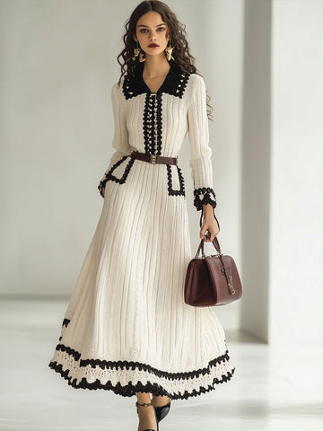 【24-hour shipping out】Fashion Retro Knitted Colorblock Long Sleeve Maxi Dress