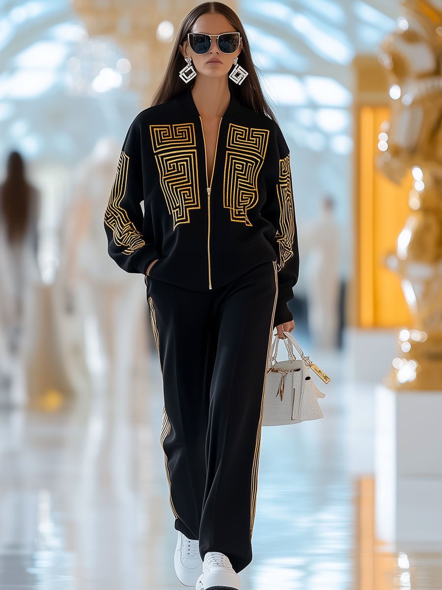 【24-hour shipping out】Casual Loose Retro Gold Greek Geometric Print Zipper Sports Set