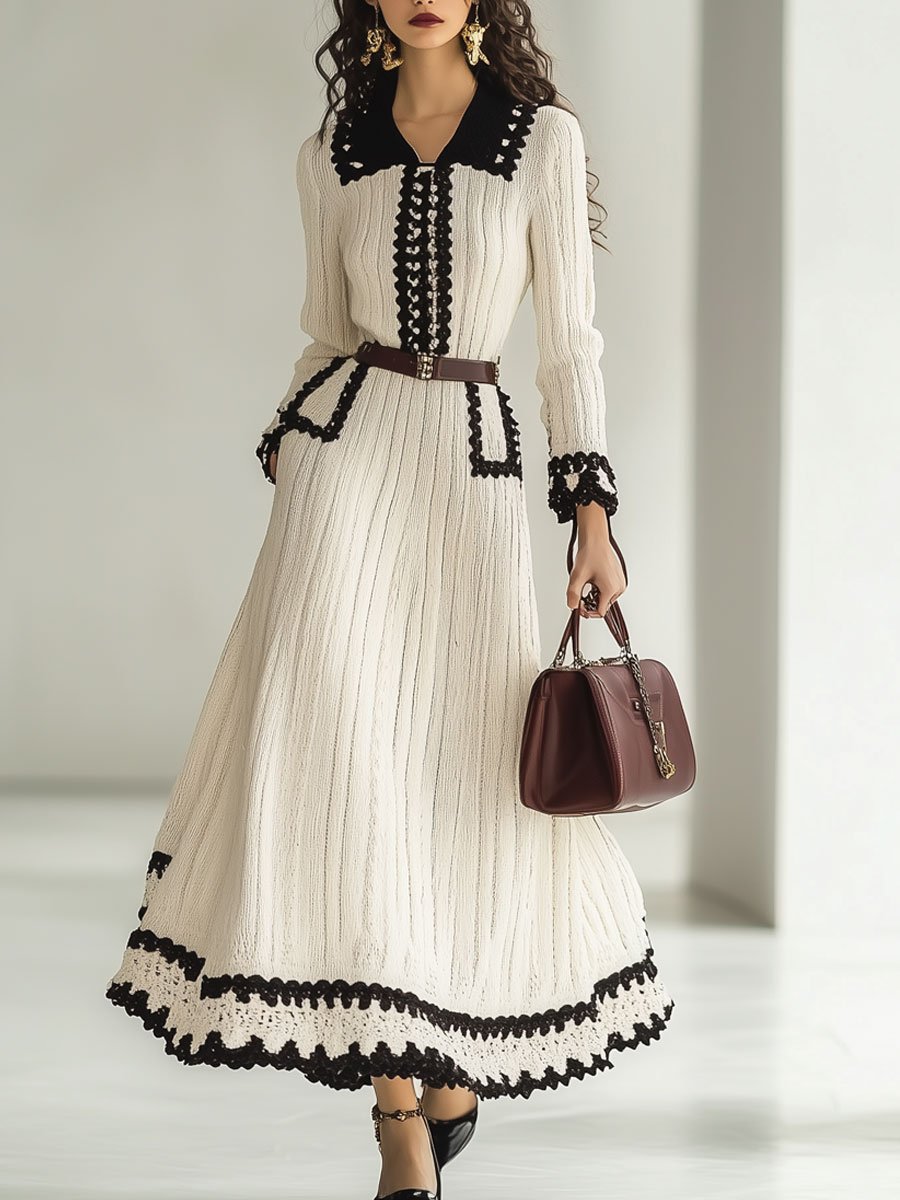 【24-hour shipping out】Fashion Retro Knitted Colorblock Long Sleeve Maxi Dress