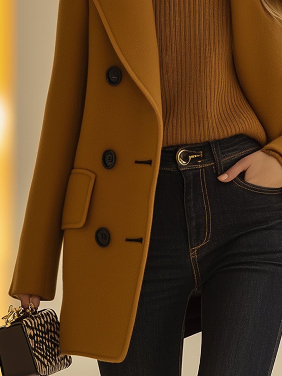 【24-hour shipping out】Casual Loose Retro Camel Wool Double-Breasted Mid-Length Coat