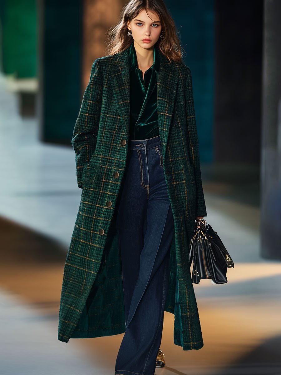 【24-hour shipping out】Casual Loose Retro Pocket Woolen Plaid Mid-Length Coat