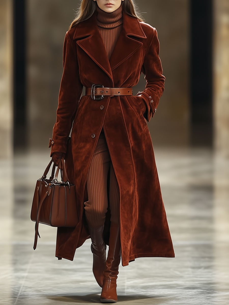 【24-hour shipping out】Casual Loose Vintage Angora Red Suede Pocket Lapel Extra Long Coat