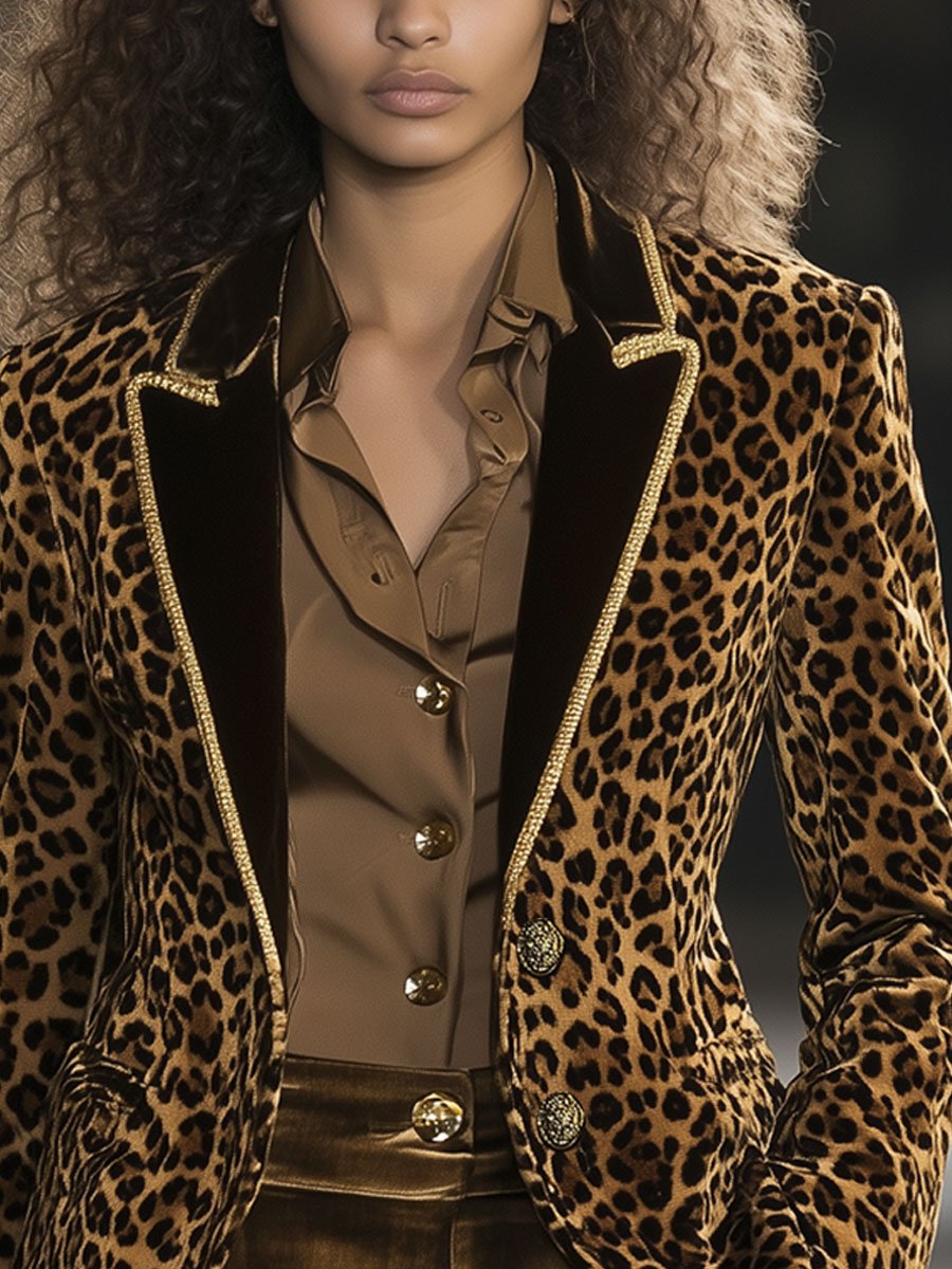 【24-hour shipping out】Casual Fashion Velvet Leopard Print Contrast Lapel Gold Edge Blazer