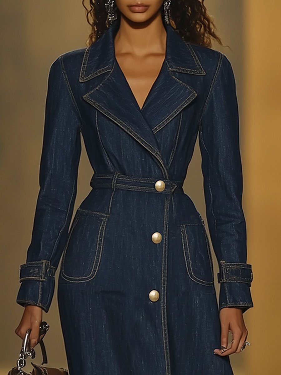 【24-hour shipping out】Casual Retro Pocket Denim Long Sleeve Dress Style Trench Coat