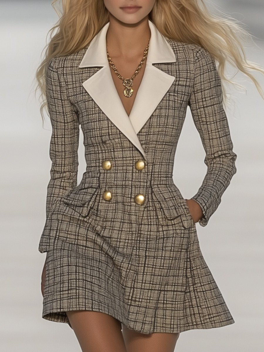 【24-hour shipping out】Classic and Fashionable Contrast Lapel Plaid Mini Dress