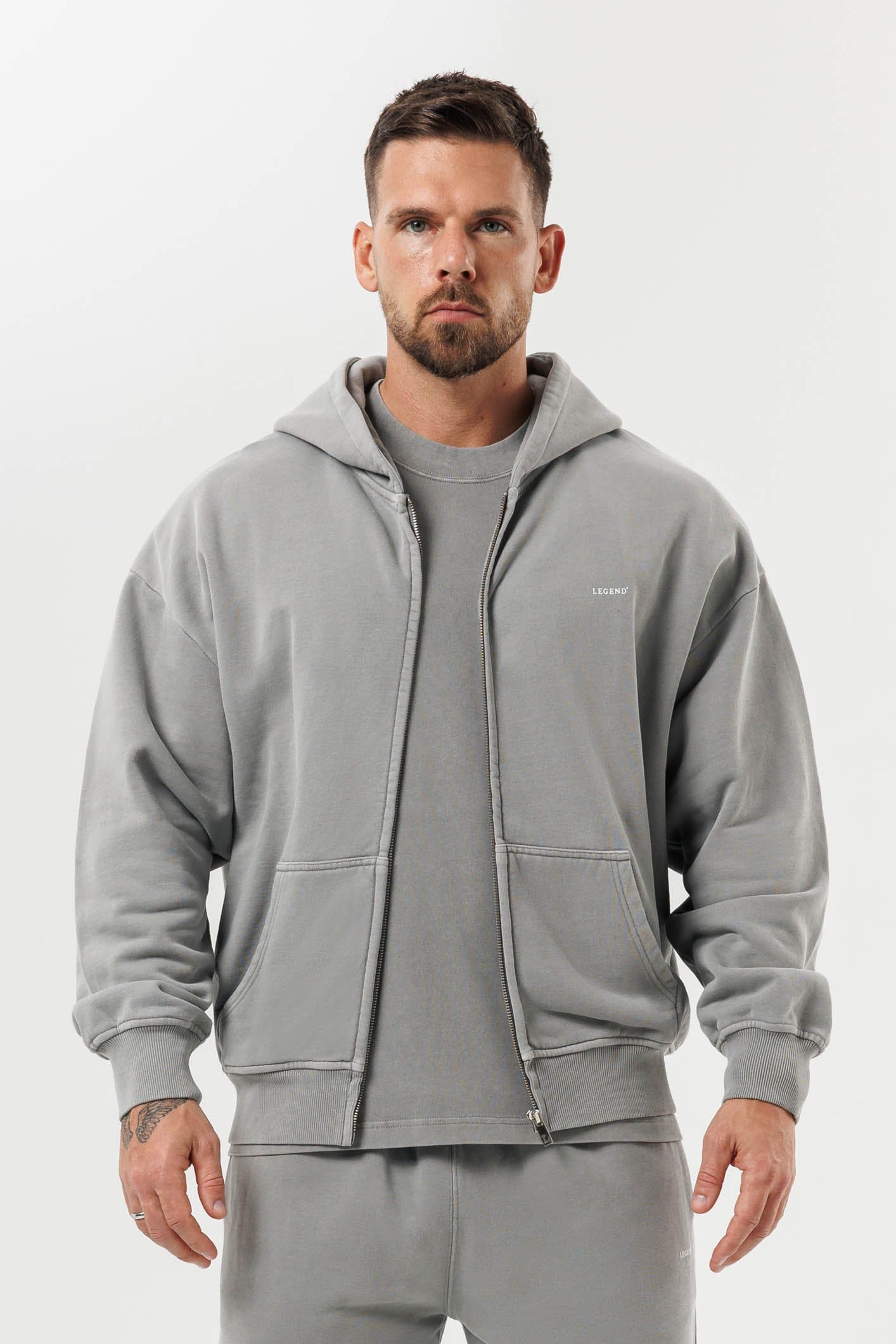ZIPPED HOODIE - WASHED GREY