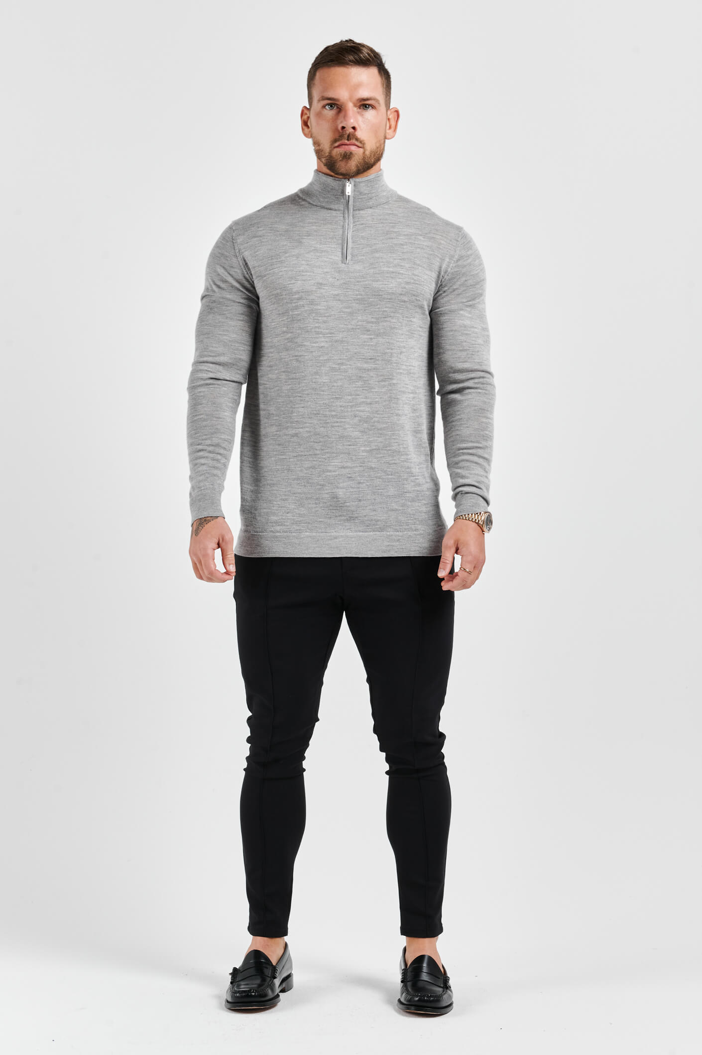 KNIT QUARTER ZIP SWEATER - GREY MARL
