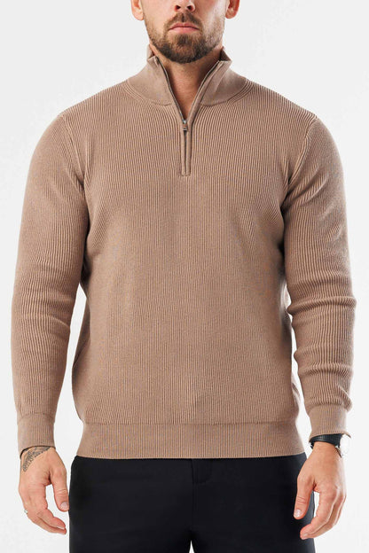RIDGE KNIT QUARTER ZIP - BROWN