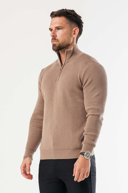 RIDGE KNIT QUARTER ZIP - BROWN